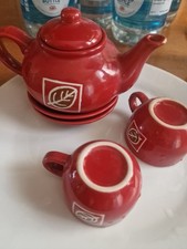new 6 Pc Red with Leaf Design Demitasse Tea Set pot with Lid, 2 Cups and Saucers