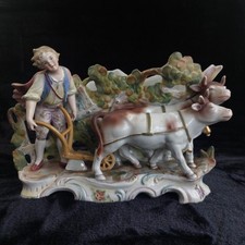 Rococo Antique Dresden Style Figural Group Vase Man Ploughing Oxen Hand Painted