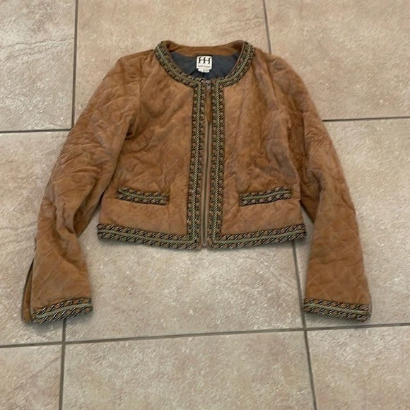 Chaqueta para mujer Haute Hippie acolchada de gamuza con ribete de cadena - camel - pequeña Foto 2 de 4