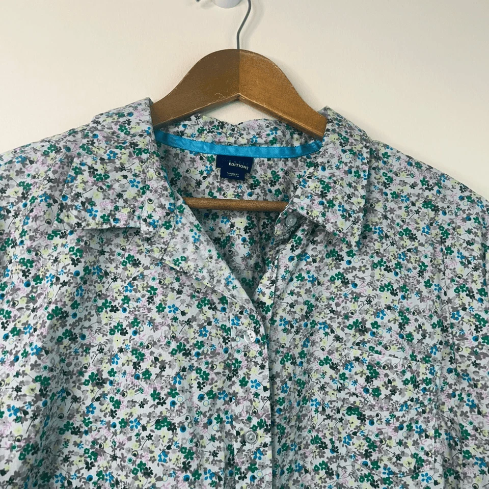 Basic Editions XXL Blue Green Floral Button-Up Shirt Women’s Short Sleeve Cotton - Image 2 of 4