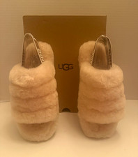 UGG Fluff Yeah Slide Women's Beige Shearling Fur Logo Slippers US 6 MPN 1095119