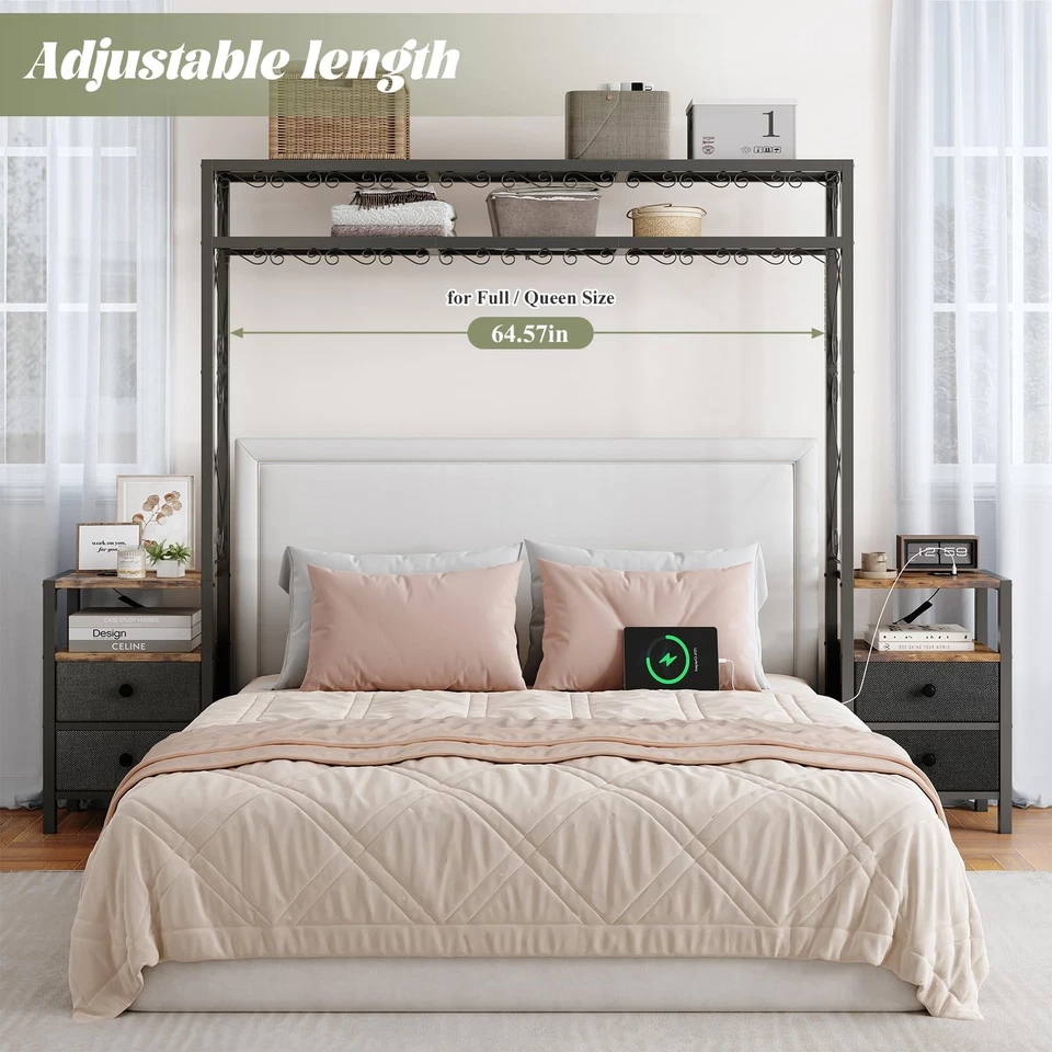 Cabecero para Cama Queen Size con 2 Mesitas de Noche, Cabecero Tamaño Completo con USB... Foto 2 de 4