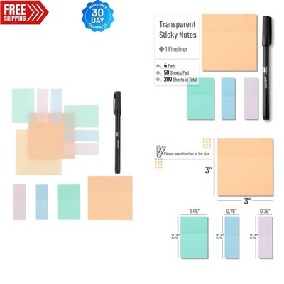 Fun Transparent Sticky Notes Set - 200 Sheets + Fineliner for Creative Reminders