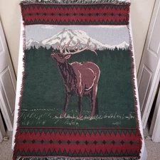 Elk Tapestry Throw Blanket Woven Fringe Rustic Cabin Lodge Mountain 46x64