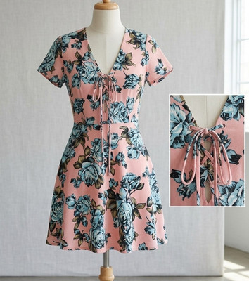CURRENT/PROJECT Pink Floral Fit & Flare V-Neck Short Sleeve Short Dress L