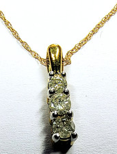 10K Real Yellow Gold .27 Carat Diamond Three-Stone Drop Pendant Necklace