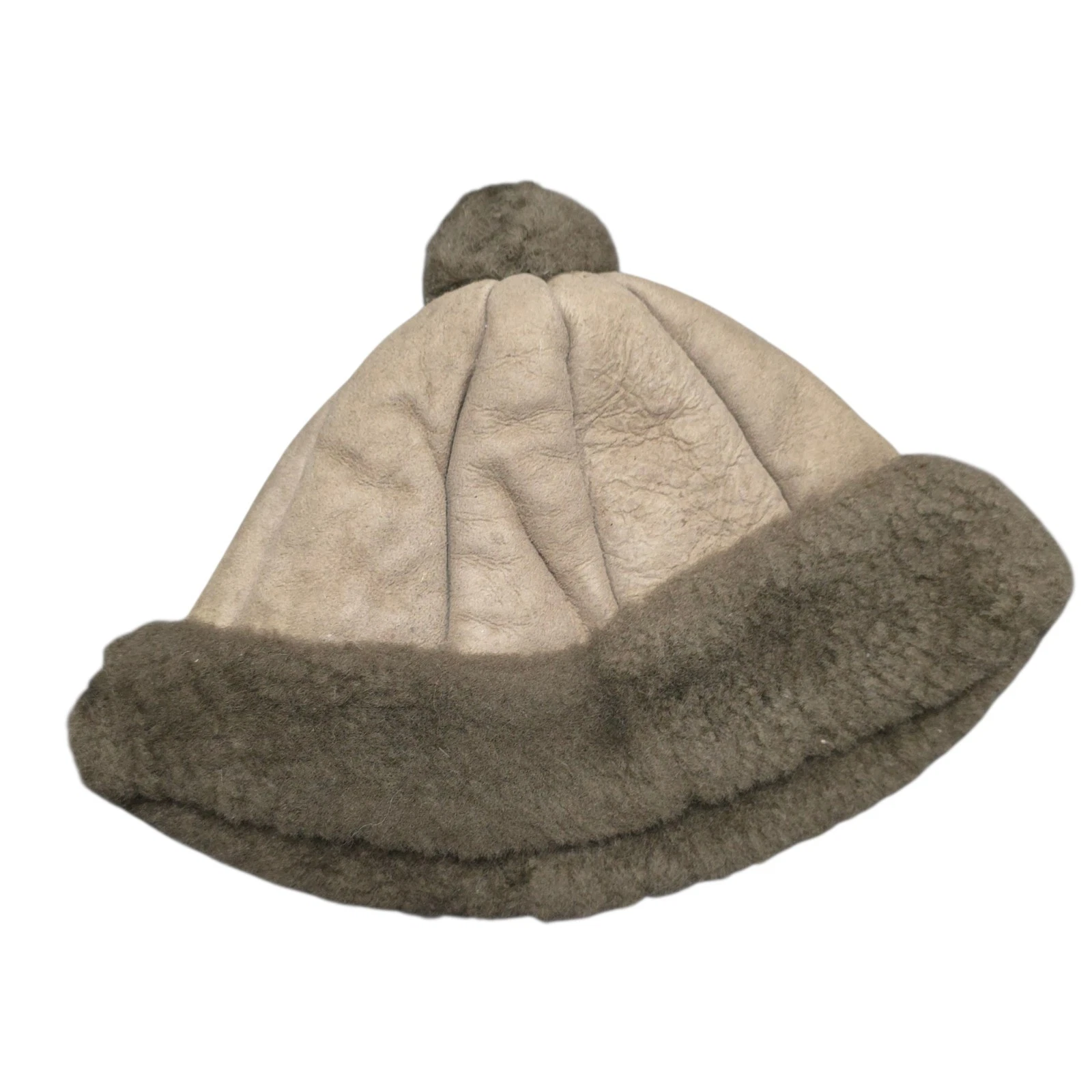 Vintage Genuine Sheepskin Leather Docker Hat Miki Beanie Shearling Fur brown L