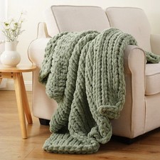 Sage Green Chunky Knit Throw Blanket Soft Chenille Cable Knit 50x60