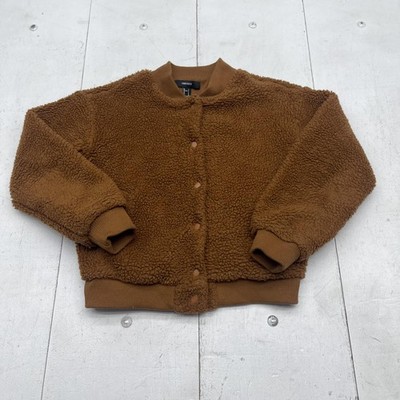 Forever 21 Jacket Womens Small Brown Faux Fur Sherpa Teddy Bomber Snap Front