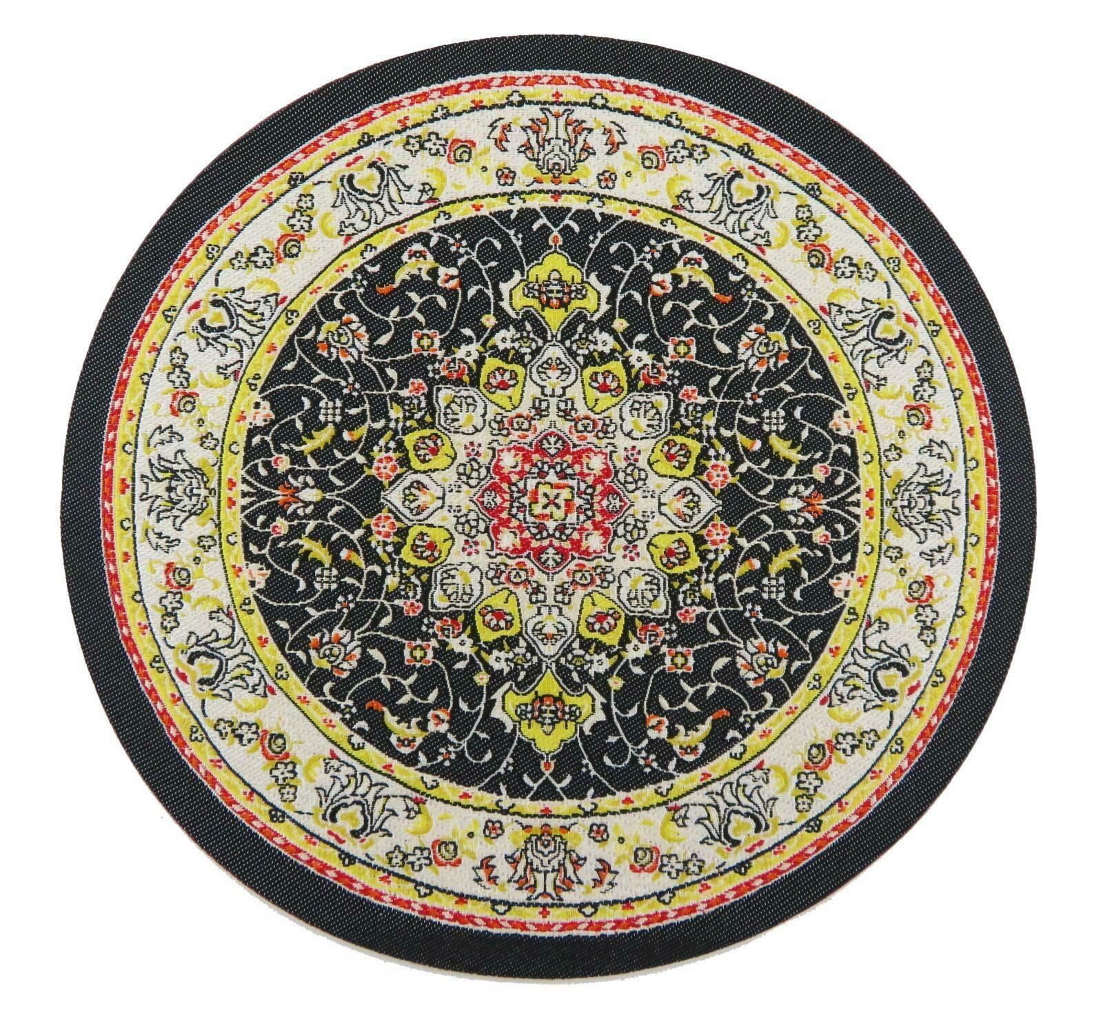 Dolls House Black Beige Circular Rug Miniature Round Turkish Woven Carpet