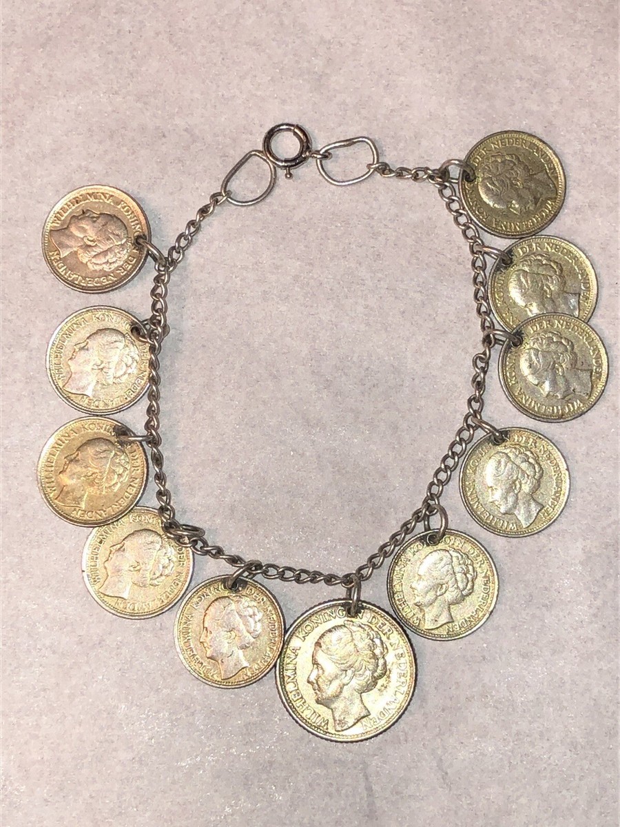 アクセサリー Vintage coinsilver Bracelet Vintage 1944 Silver Charm Bracelet 25 & 10 Cent Coins Netherlands