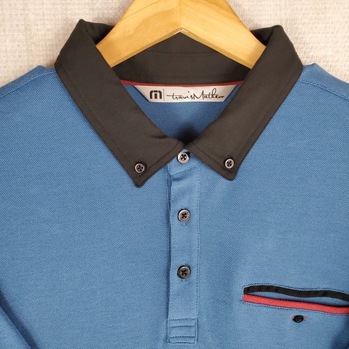 TRAVIS MATHEW Size Large Blue Button Collar Chest Pocket Mens Polo Shirt Soft - Picture 7 of 12