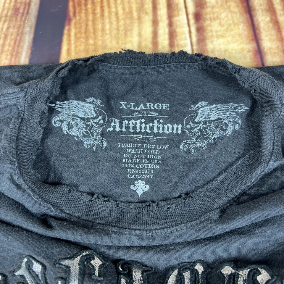 Camiseta Affliction Para Hombre XL Negra Plateada Envejecida Viva Rápida Ráfaga Alas Flor Foto 4 de 4