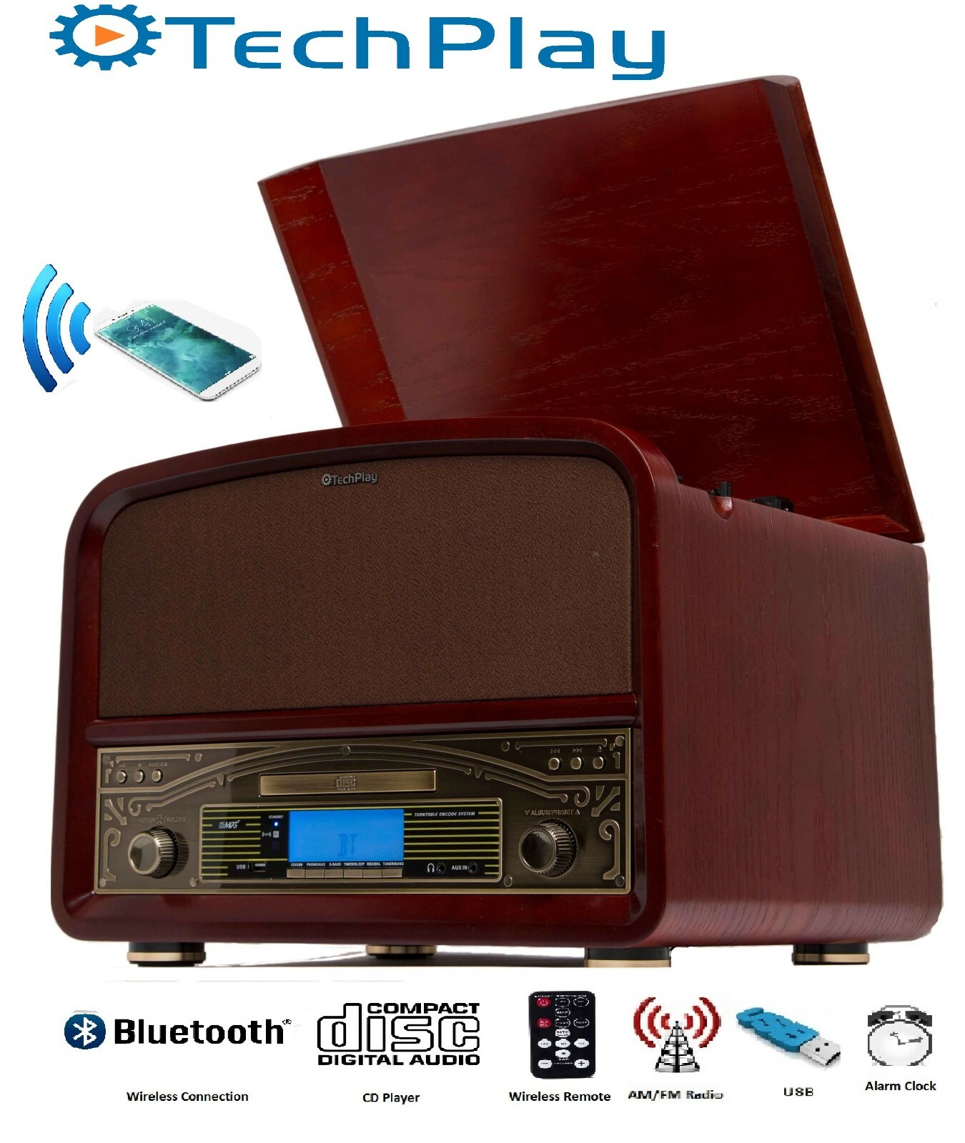 Wood construction Retro Turntable System Bluetooth CD LP Che