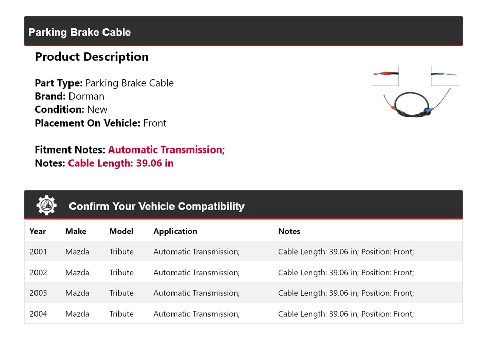 Cable de freno de estacionamiento delantero 2002 2003 para Mazda Tribute Dorman 2001-2004 Foto 2 de 4