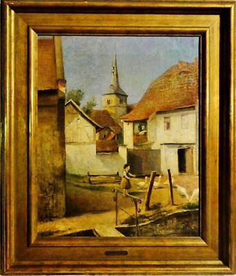 Prof.E.Theodor Krause 1868-1954 Gemälde 1912: DORF MIT GÄNSELIESEL Gänse & Mädel