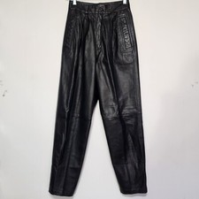 TOFFS Genuine Leather Pants Sz 6 Black High Rise Zip Lined Pkts Vtg 80's
