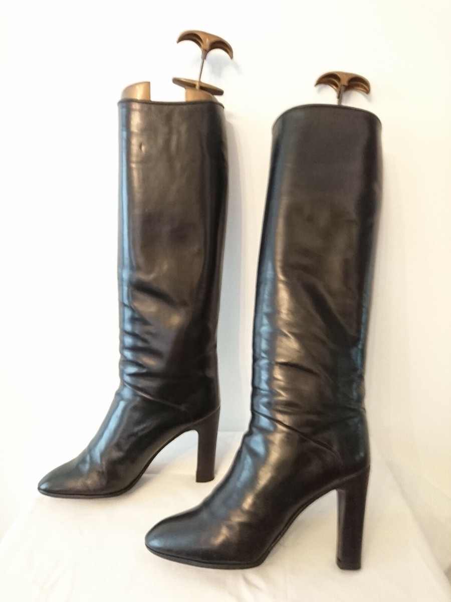 Bottes Vintage Ottorino Bossi Anthony 1982 - Cuir Noir, Talon 7+ Cm, Taille 37,5 - Italie - Occasion