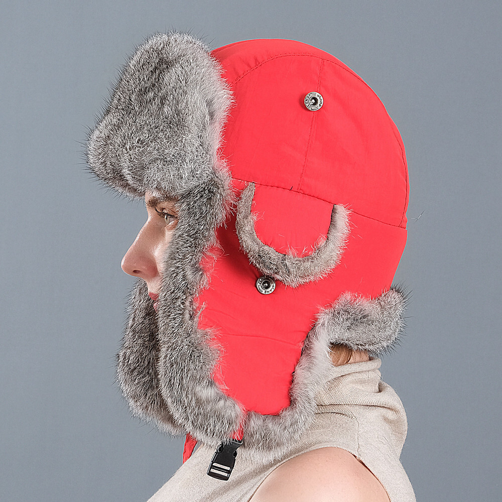 Men Winter Genuine Rabbit Fur Trapper Hats Russian Ushanka Warm Earflap ...
