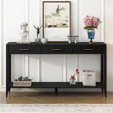 60" Long Console Table with 3 Storage Drawers, Open Shelf,and Gold Metal Handles