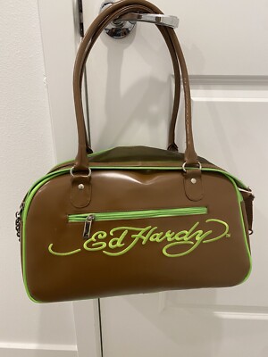 Ed Hardy Dog Carrier Brown W/Green Trim Bowling Style Tiger Image