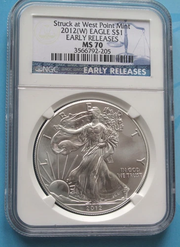 2012 (W) NGC MS70 SILVER EAGLE STRUCK AT WEST POINT EARLY RELEASES BLUE LABEL
