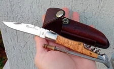 Laguiole Bougna Folding Knife Wood Handle Corkscrew + Leather Case