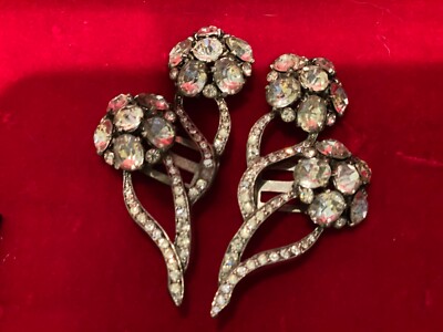 Vintage Signed Eisenberg Original Rhinestone Floral Pair Fur Clips
