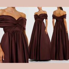 NWT IEENA Mac Duggal [ 4 ] 56188 Satin Off Shoulder Twist Ball Gown Wine Q1302
