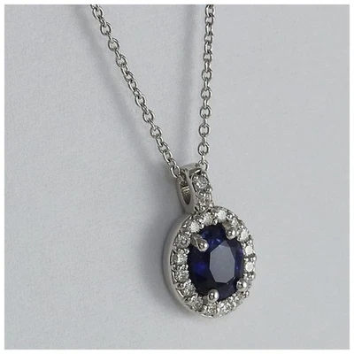 Collier en or blanc 18 carats, saphir central 0,40 ct et diamants, Made in Italy - Photo 1/4