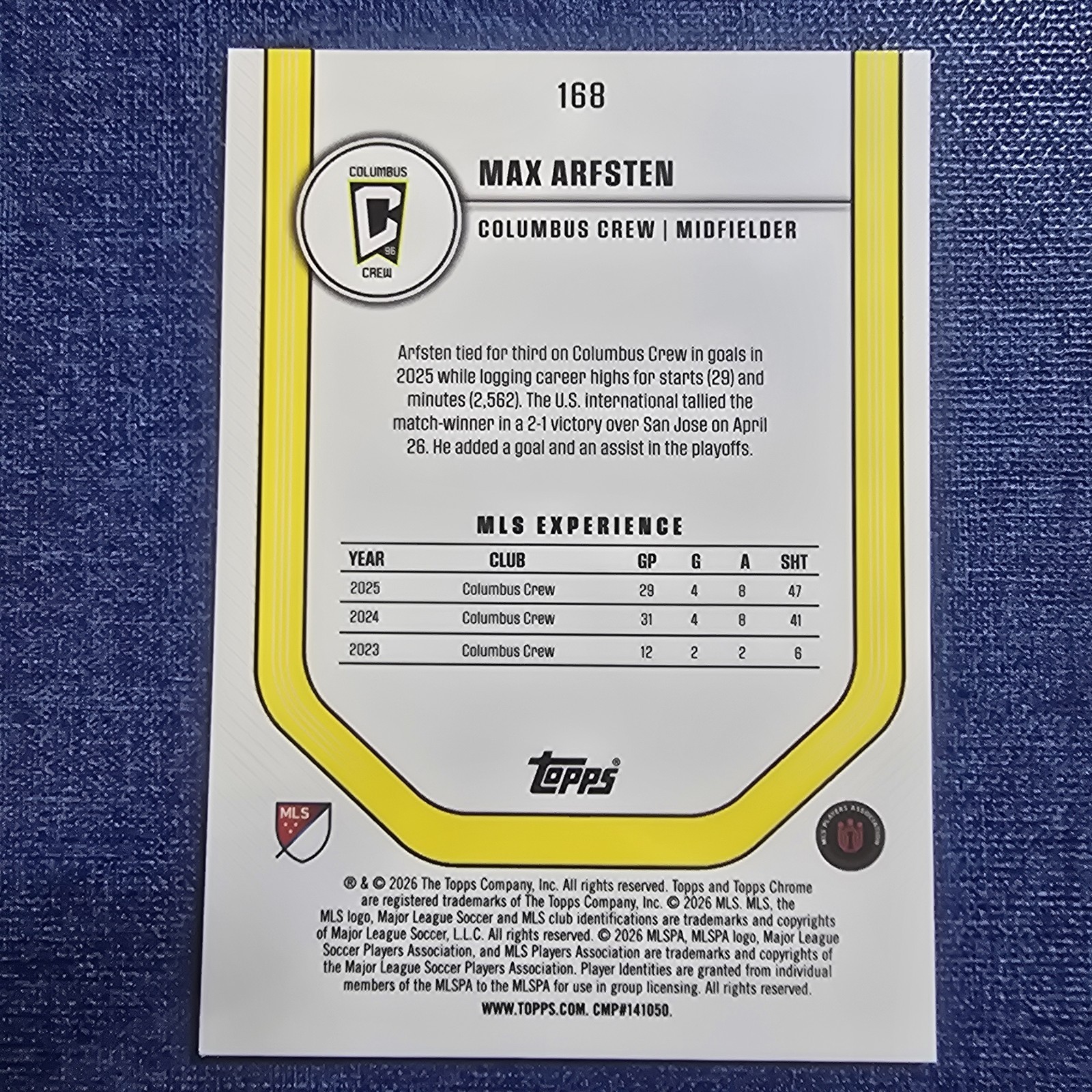2026 Topps Chrome MLS Sapphire Max Arfsten view 2