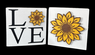 LOVE Sunflower Set of 2 Wooden Blocks Farmhouse Country Home 3D Desk Shelf Decor