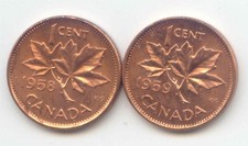 Canada  1958 1959 Canadian Pennies Penny 1c 1 Cent Exact 2 Coins