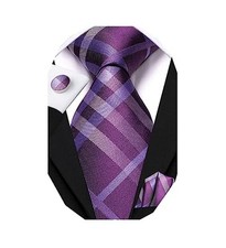 Mens Paisley Striped Tie and Handkerchief Cufflinks Tie Set for Purple White