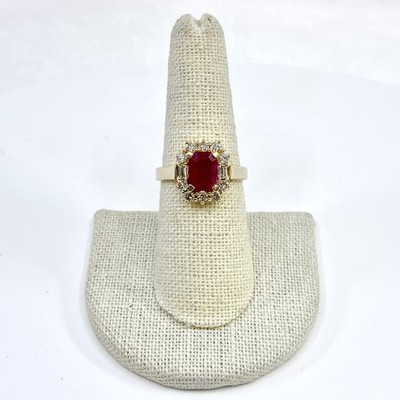 14K Yellow Gold Emerald Cut Ruby Diamond Unique Halo Ring Size 7.75 (LO1009300)