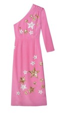 Rixo London Pink One-Shoulder Midi Dress with Sequin Stars New Size S