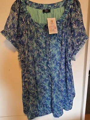 Gina Benotti Damen Tunika Bluse Gr. 46 blau/grün Blattmuster Kurzarm Rundhals