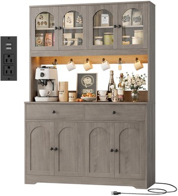  71'' LED Kitchen Pantry Cabinet with Power Outlet, Large Kitchen Hutch Storage 