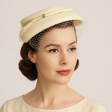 Vintage 1950s Ivory Cream Straw Pillbox Hat Netted Veil Midcentury Fascinator