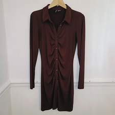 H&M Womens Dress Brown Size S UK 8 10 Ruched Shirt Corporate Career Knee Length