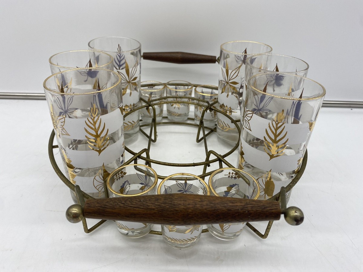 Vintage Mid Century 12 glass set w/Caddy Carrier Gold Leaf 6