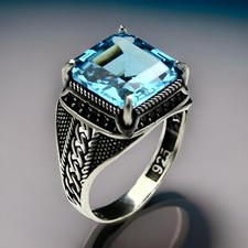 Men's Ring Blue Aquamarine Gemstone Solid 925 Sterling Silver Jewelry Size 7-15