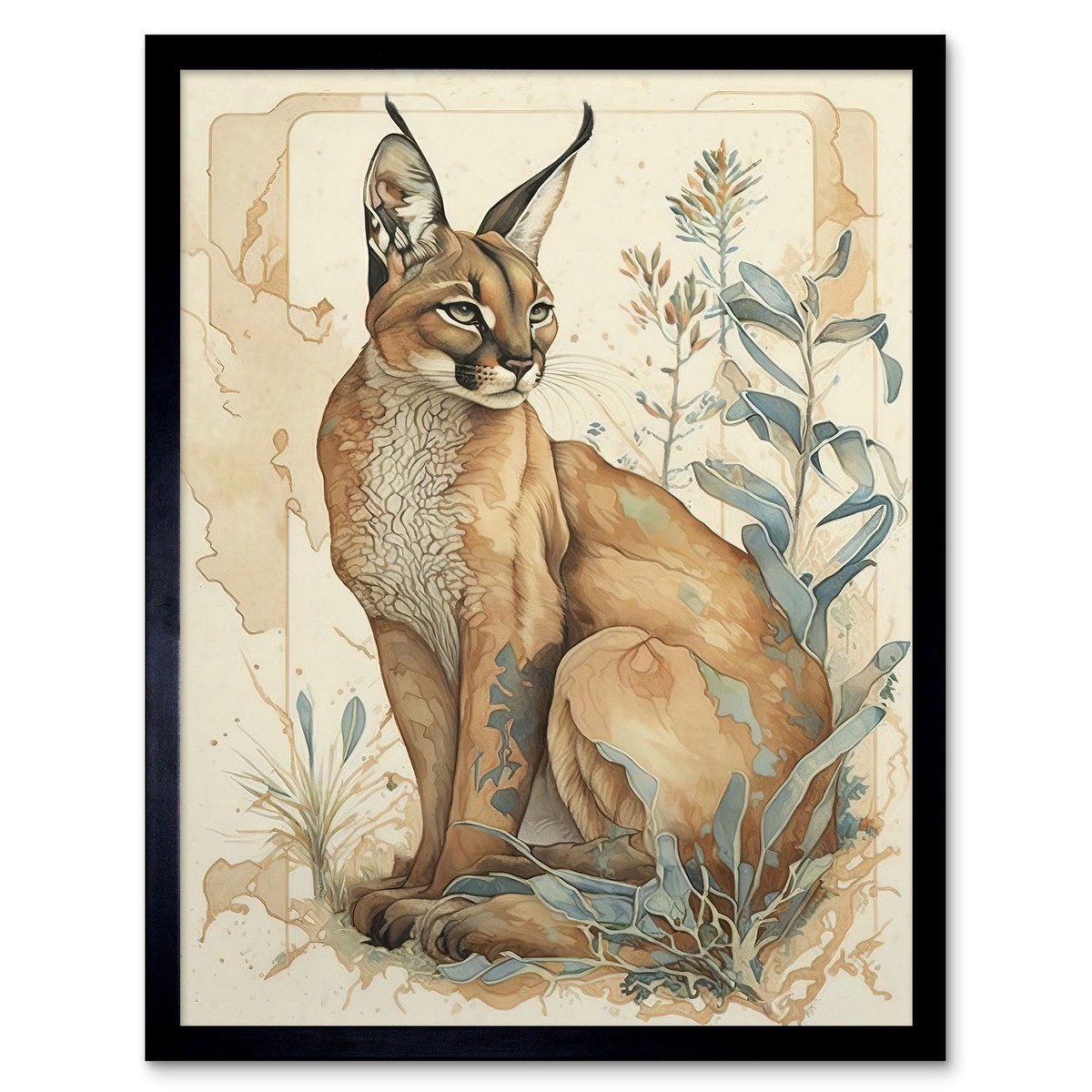 Caracal Cat with Teal Plants Watercolour Framed Wall Art Picture