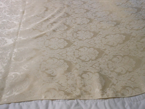 Vintage Ivory Brocade Tablecloth Floral Stitched Hem Oblong 100" Long x 58" Wide - Picture 7 of 16