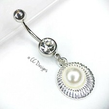 Anillo vientre colgante 14g imitación perla en plata concha (B553)