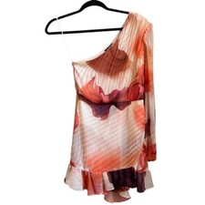 Express Floral One Shoulder Wrap Front Ruffle Romper Women  s Sz XS Orange NEW