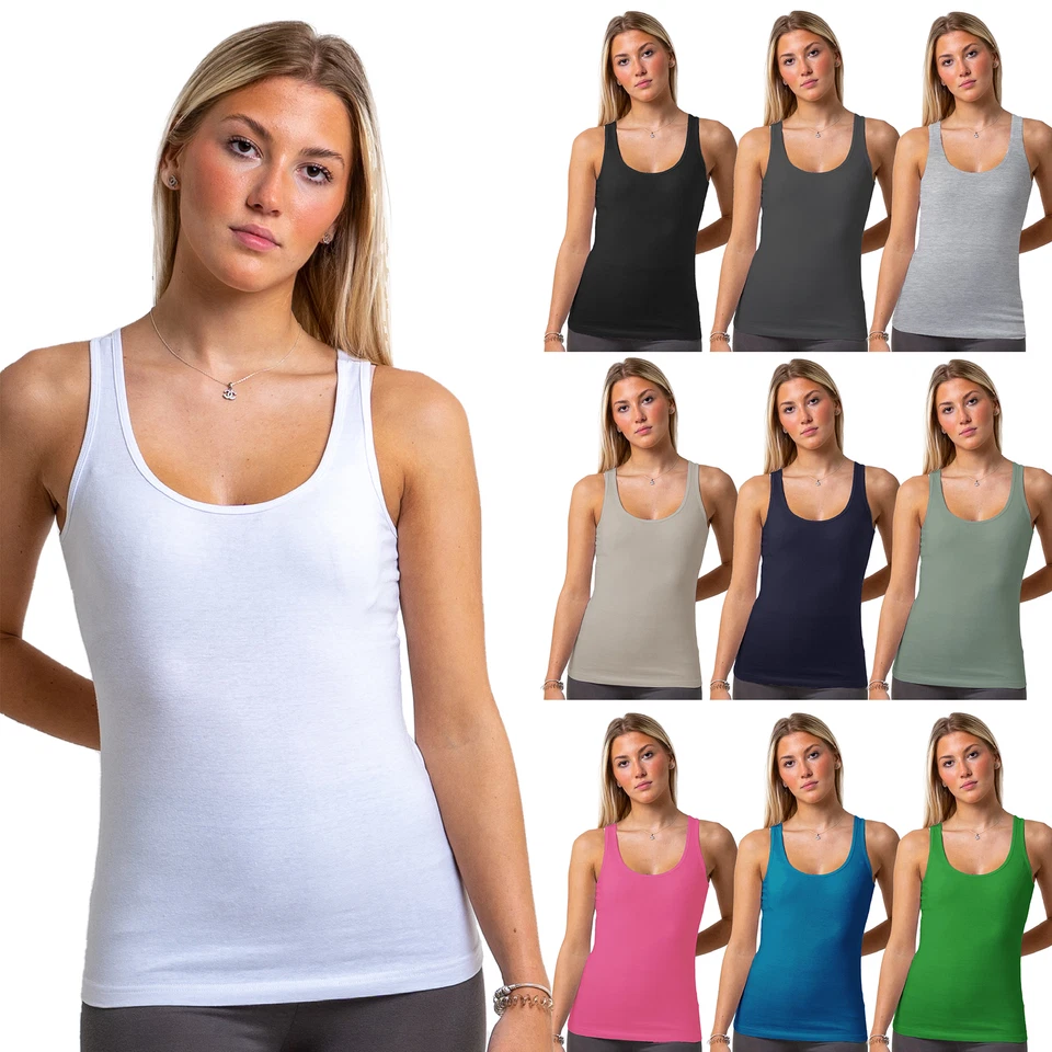 Ladies Vest Top Full Length Tank Top Cotton Rich Elastane Stretch Size 8-22 - Image 1 of 1