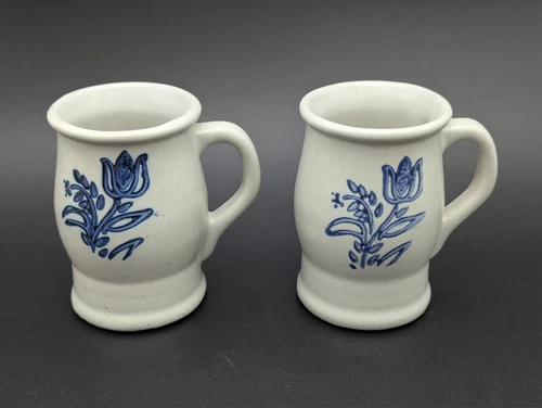2 Pfaltzgraff Yorktowne Barrel Coffee Mugs #282Y Blue Tulip 4.5" USA Stoneware B