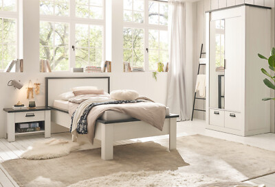 Schlafzimmer Set 3-teilig weiß Pinie Landhaus mit Bett Kleiderschrank Nako Stove