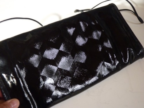 Vintage 1980s Carlos Falchi Black Patent Leather Clutch Purse w Shoulder Strap - Picture 8 of 13